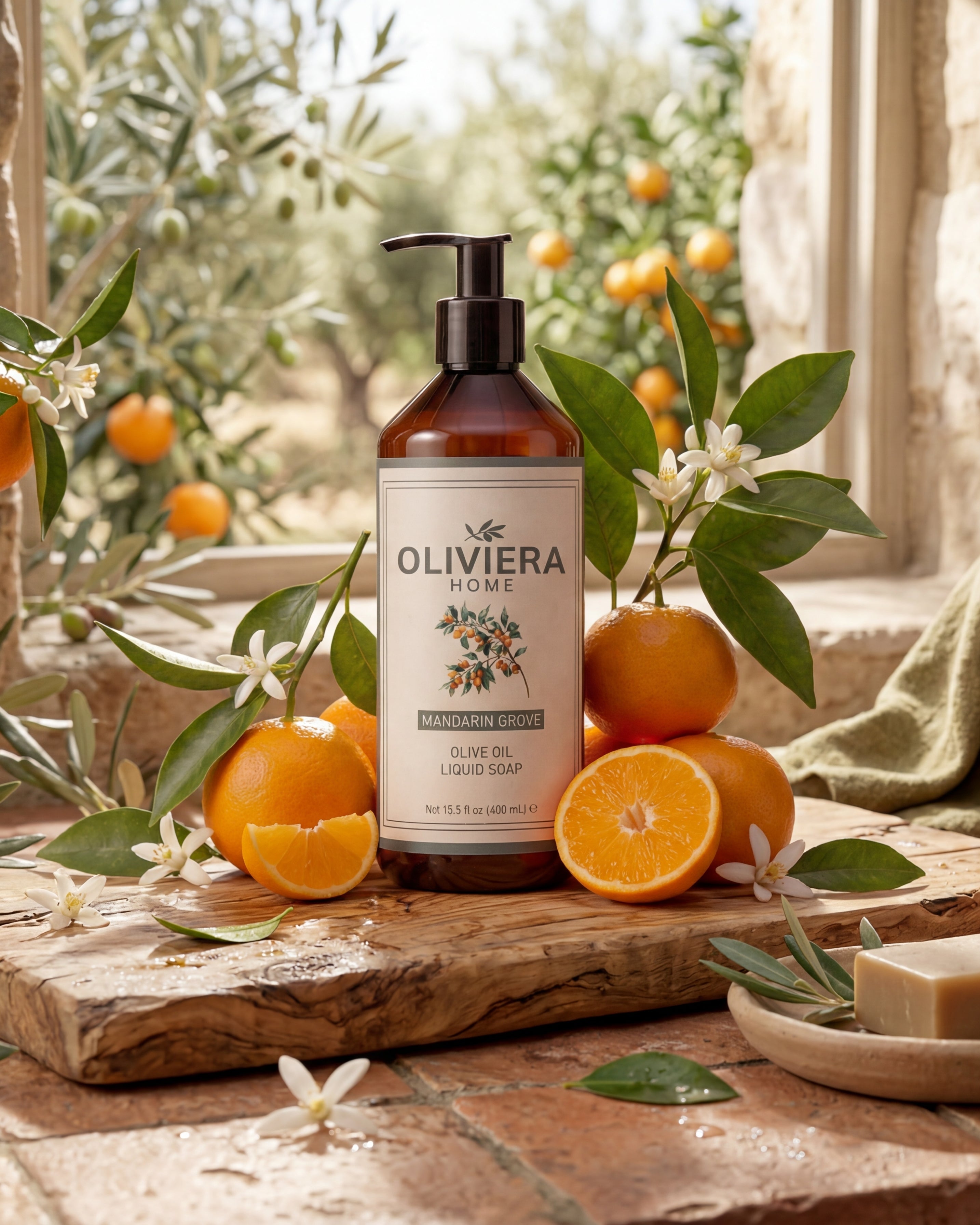 Oliviera Home soap and lotion bottle on a wooden surface with oranges and olive branches.