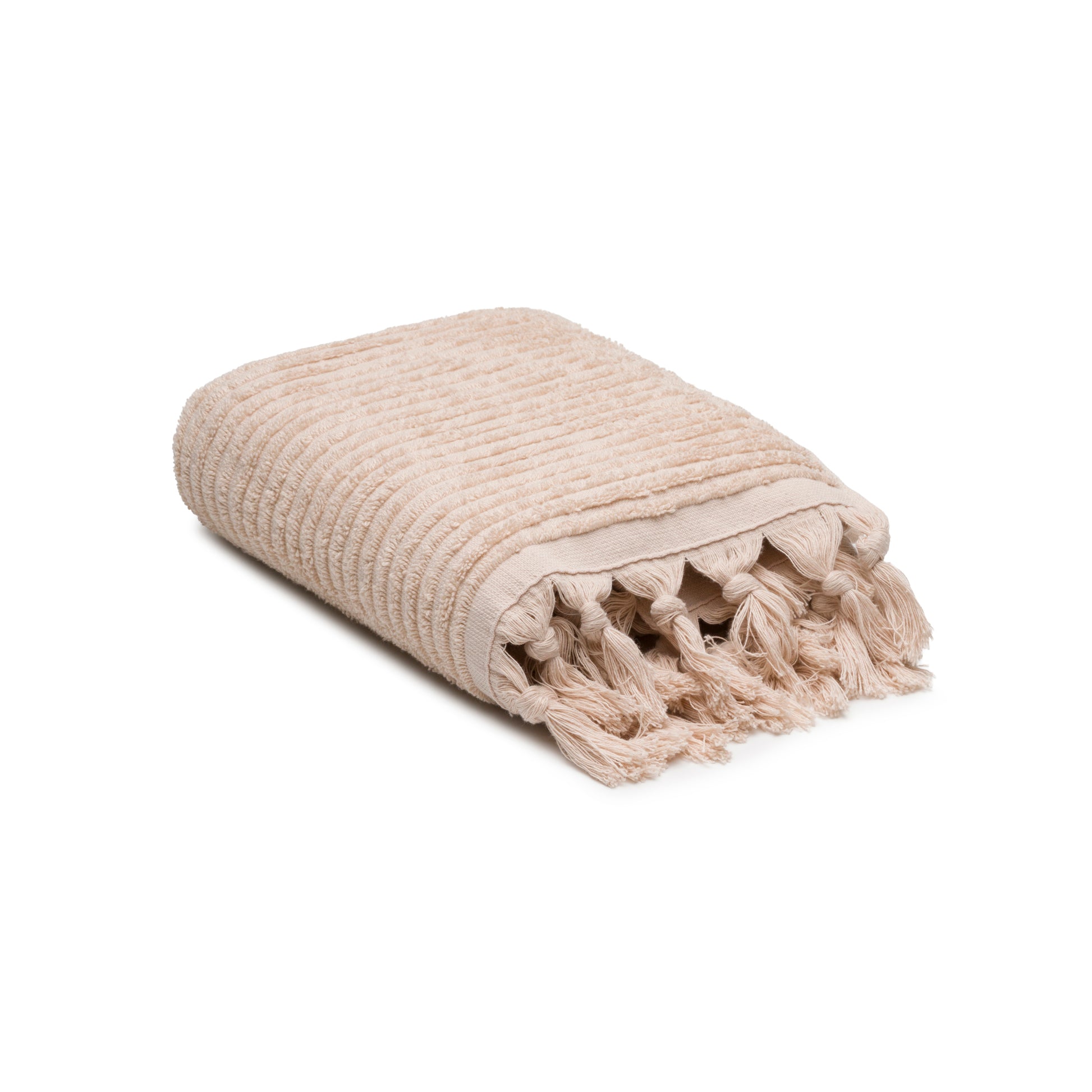 Beige woven towels with tassels on a white background